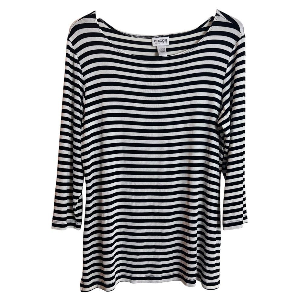 Chico's Travelers Black & White Striped Tunic Blouse Top Size Large (12-14)